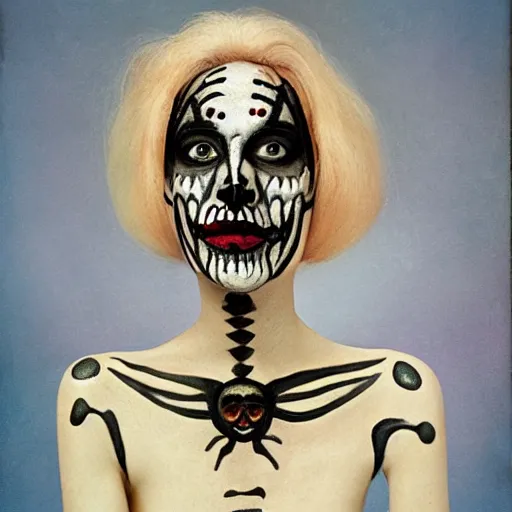 Prompt: a woman with a skeleton face painted on her face, a character portrait by edna mann, behance, pop surrealism, freakshow, 1 9 7 0 s, surrealist