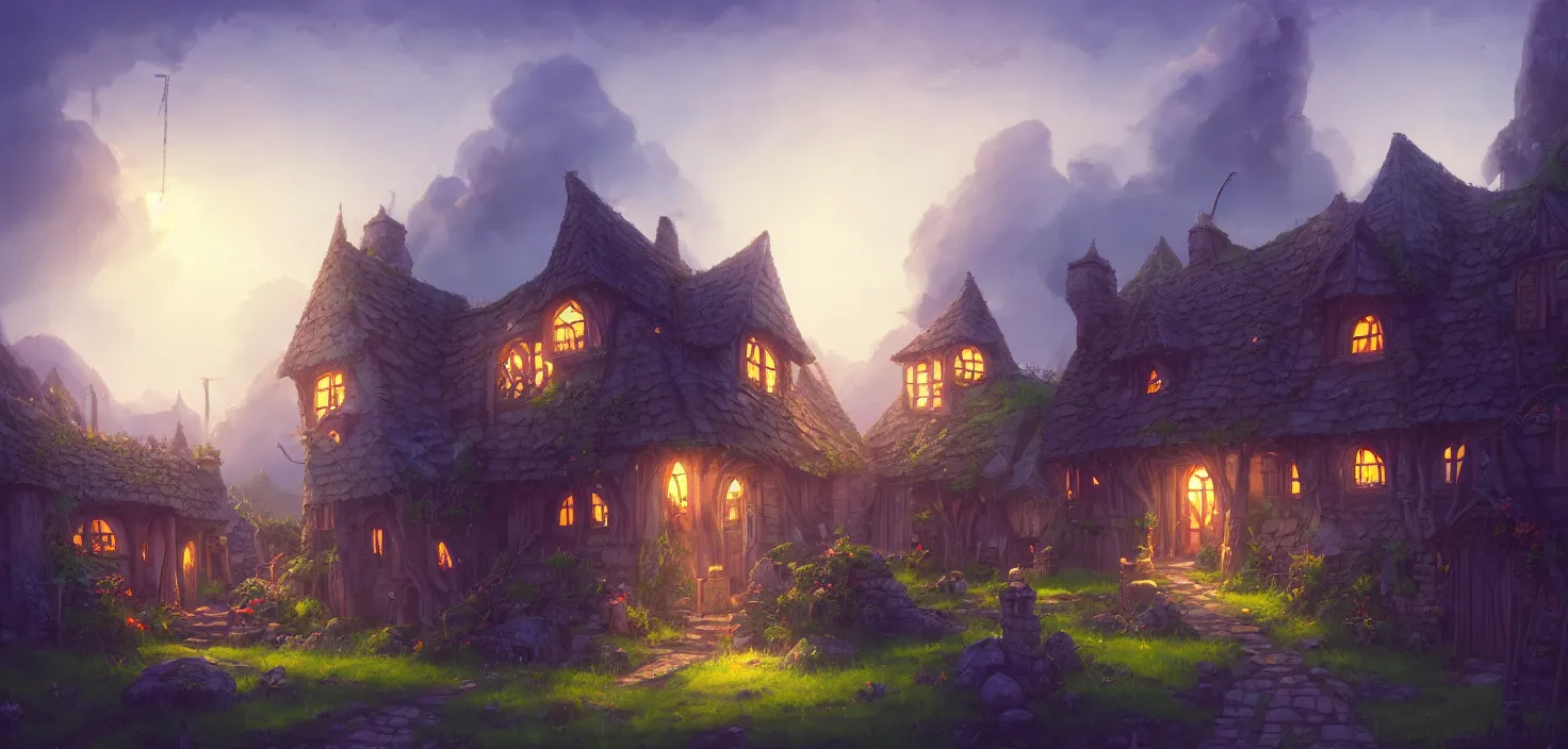 Prompt: an illustration of the small medieval fantasy house in a town with many cute flower pots and beautiful blue sky scenery, cinematic view, epic sky, detailed, concept art, low angle, high detail, warm lighting, volumetric, godrays, vivid, beautiful, trending on artstation, by jordan grimmer, huge scene, grass, art greg rutkowski