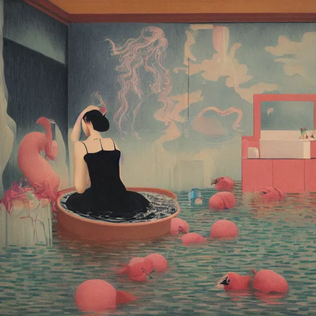 Prompt: female emo art student in her bath, painting of flood waters inside an artist's feminine bedroom, a river flooding indoors, pomegranates, pigs, ikebana, water, octopus, river, rapids, waterfall, black swans, canoe, berries, acrylic on canvas, surrealist, by magritte and monet