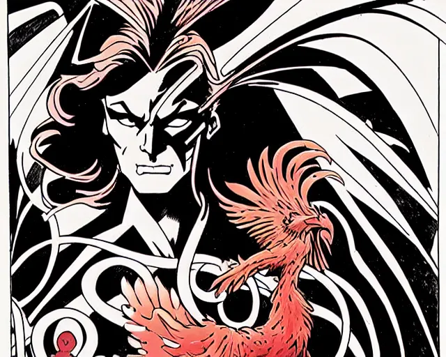 Prompt: red phoenix portrait by mike mignola and alex gray, 2 d illustration h 9 6 0