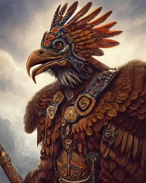 Prompt: digital painting of an aztec eagle knight by filipe pagliuso and justin gerard, symmetric, fantasy, detailed, intricate, portrait, sharp focus, tarot card, handsome, gwent