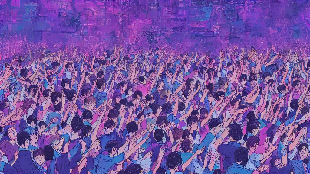 Prompt: detailed illustration of a concert crowd seen from the front composed of a heterogeneous group of people dancing, dark blue and intense purple color palette, 4 k in the style of kojima ayami, amano yoshitaka
