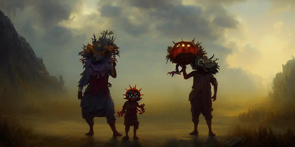 Image similar to painting of a cinematic still of skull kid and the happy mask salesman, dramatic clouds, greek mythology, extremely detailed digital painting, in the style of fenghua zhong and ruan jia and jeremy lipking and peter mohrbacher, mystical colors, rim light, beautiful lighting, 8 k, stunning scene, raytracing, octane, trending on artstation