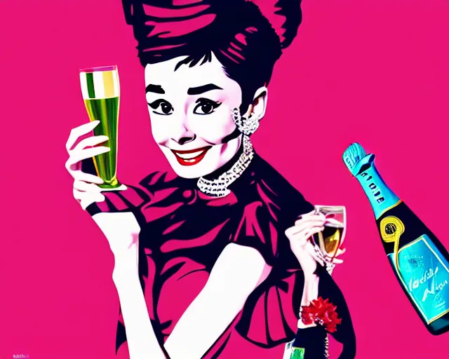 Image similar to audrey hepburn as a cancan dancer besides a big bottle of champagne in art deco style, hyper realistic, artstation, illustration, digital paint, matte paint, vivid colors, bright, cheerful, detailed and intricate environment