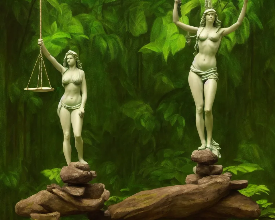 Image similar to lady justice statue in a rainforest clearing by raphael, hopper, and rene magritte. detailed, romantic, enchanting, trending on artstation.