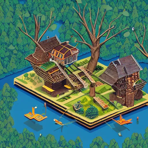 Image similar to Isometric view of a society living on multiple tree houses connected by bridges, intricate, illustration, hyper detailed, detailed