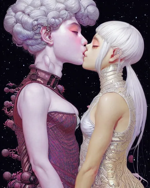 Prompt: portrait of two beautiful cute young maiden girls kissing with short white hairs in warhammer armor, art by ( ( ( kuvshinov ilya ) ) ) and wayne barlowe and gustav klimt and artgerm and wlop