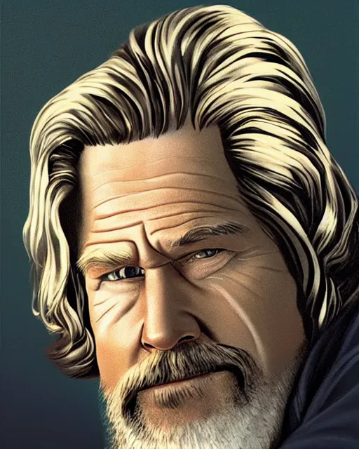 Image similar to cel - shaded portrait character art of jeff bridges in big lebowski, art, key art, movie poster