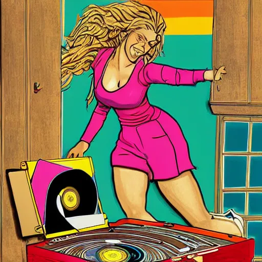 Prompt: shakira trying to escape a record player, high detail, concept art, vibrant colors,