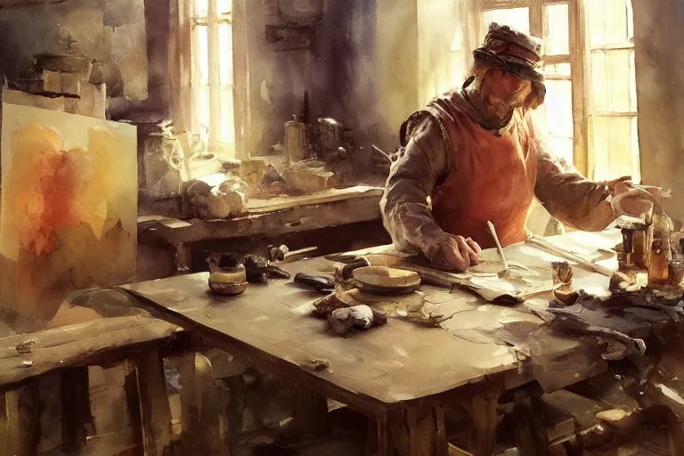 Image similar to paint brush strokes, abstract watercolor painting of medieval workbench, cloth, backlit western scene, art by hans dahl, by jesper ejsing, art by anders zorn, wonderful masterpiece by greg rutkowski, cinematic light, american romanticism by greg manchess, creation by tyler edlin