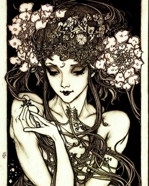 Image similar to burlesque elf, flowers in hair, fantasy character portrait, ultra realistic, concept art, intricate details, art nouveau, japanese woodblock, cinematic, highly detailed by arthur rackham