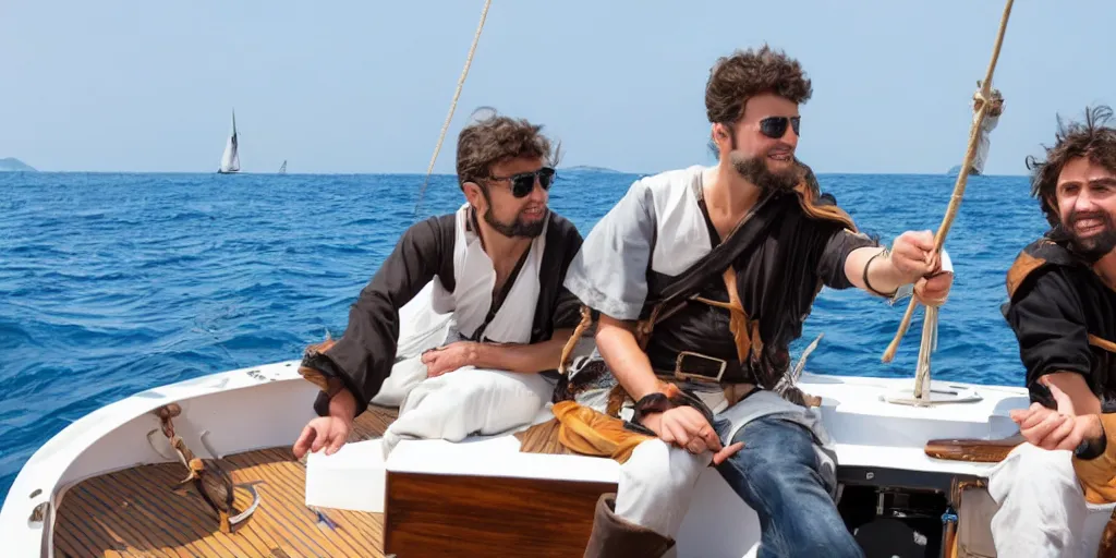 Prompt: Two friends sailing on a small boat, going pirating