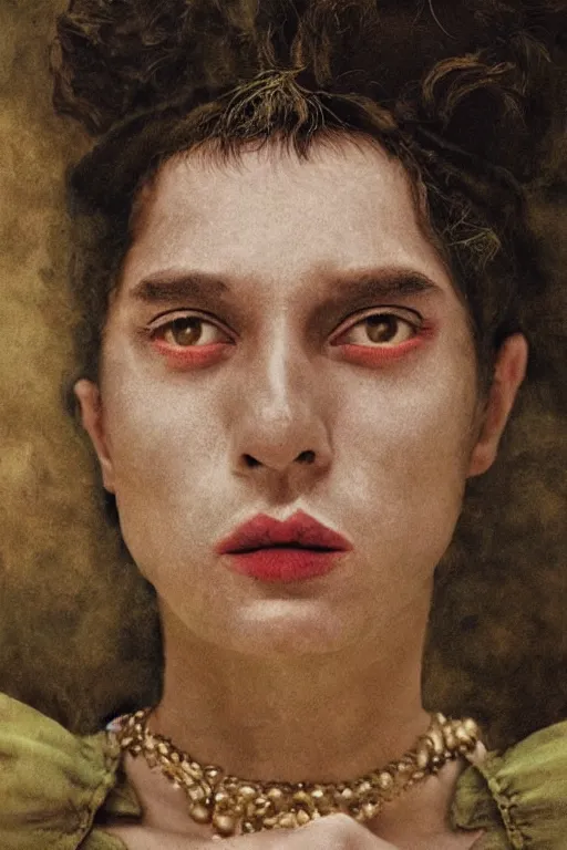 Image similar to hyperrealism close - up fashion portrait by roversi photo from the holy mountain by alejandro jodorowsky in style of francisco goya