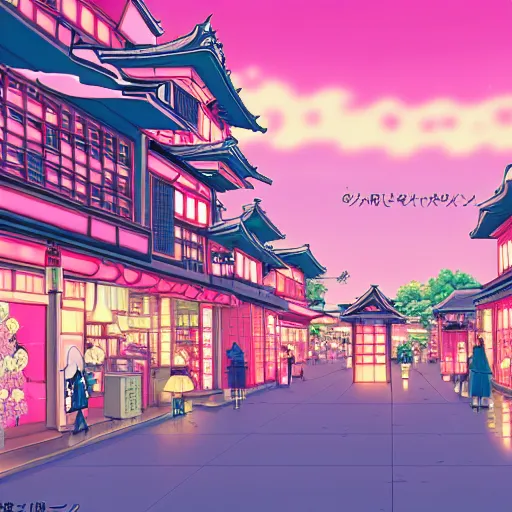 Image similar to A japanese town with pink sky, cozy town, anime wallpaper, Hirohiko Araki, Hirohiko Araki artwork, araki art, 4K