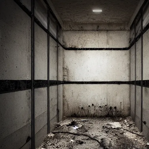 Prompt: scary concrete prison cell, 4K, dark, horror, wet, moldy, futuristic,