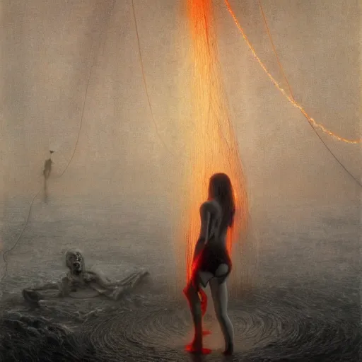 Prompt: evil, shore of the lake, woman, wrapped around by tubes and cables, short black curly hair, glowing red, by edgar maxence and ross tran, zdzisław beksinski, and michael whelan, distant, gustav dore, h. r. giger, 8 k, octane render