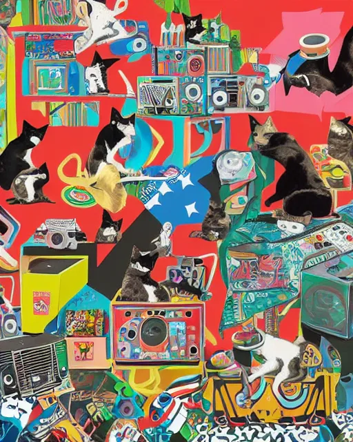 Image similar to art collage with cats, skateboards, boomboxes, american flags, tacos, and tropical plants, by Alex Yanes