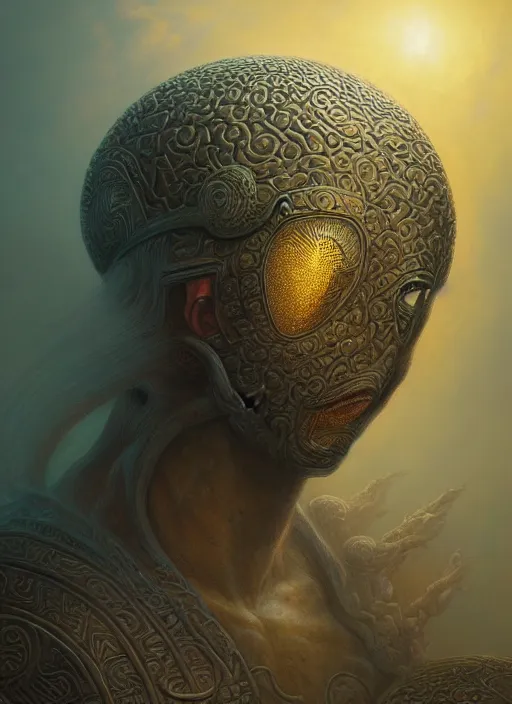 Image similar to helmet of a forgotten deity with a labyrinth, in the style of tomasz alen kopera and fenghua zhong and peter mohrbacher, mystical colors, rim light, beautiful lighting, 8 k, stunning scene, raytracing, octane, trending on artstation