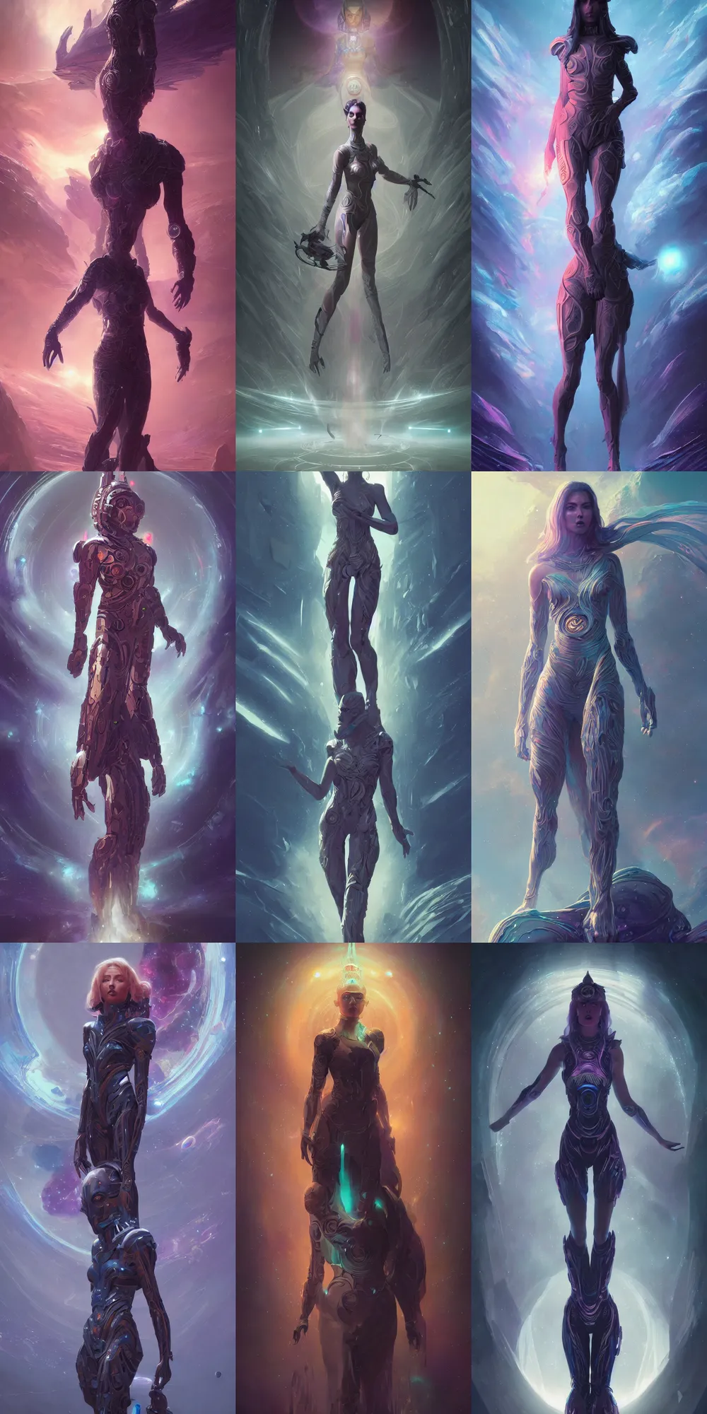 Prompt: the space goddess, full body portrait by Peter Morbacher and Greg Rutkowski and Jim Burns, trending on artstation, smooth gradients, dramatic lighting, intricate lines, hypermaximalist, fractal space, amazing character concept art, artwork, profound, epic and stunning, retro aesthetic