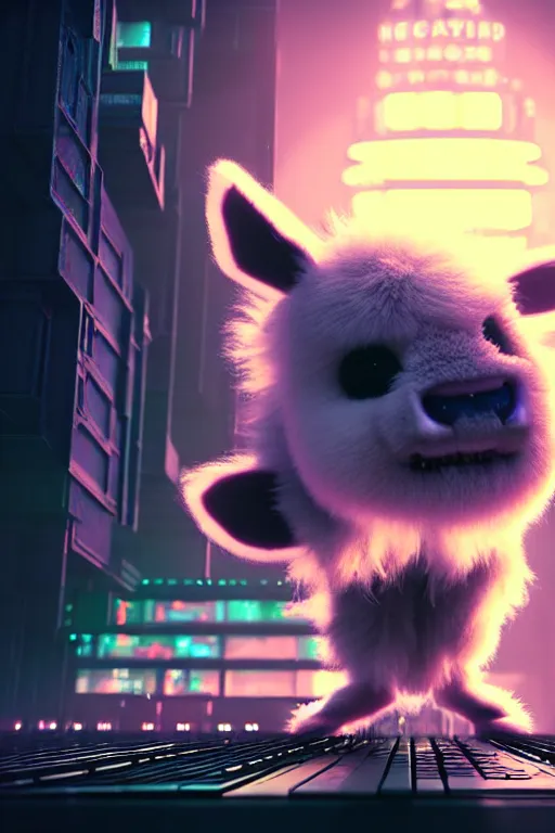 Image similar to high quality 3 d render very cute neuromancer fluffy! mutant cow playing! keyboard!!, highly detailed, unreal engine cinematic smooth, in the style of blade runner & detective pikachu, hannah yata charlie immer, moody light, low angle, uhd 8 k, sharp focus