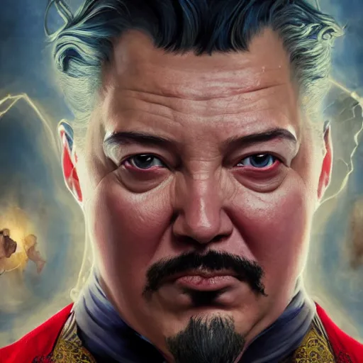 Image similar to hyperrealistic mixed media image of a morbidly obese dr. strange, stunning 3 d render inspired art by istvan sandorfi and greg rutkowski, perfect facial symmetry, realistic, highly detailed attributes and atmosphere, dim volumetric cinematic lighting, 8 k octane extremely hyper - detailed render, post - processing, masterpiece,