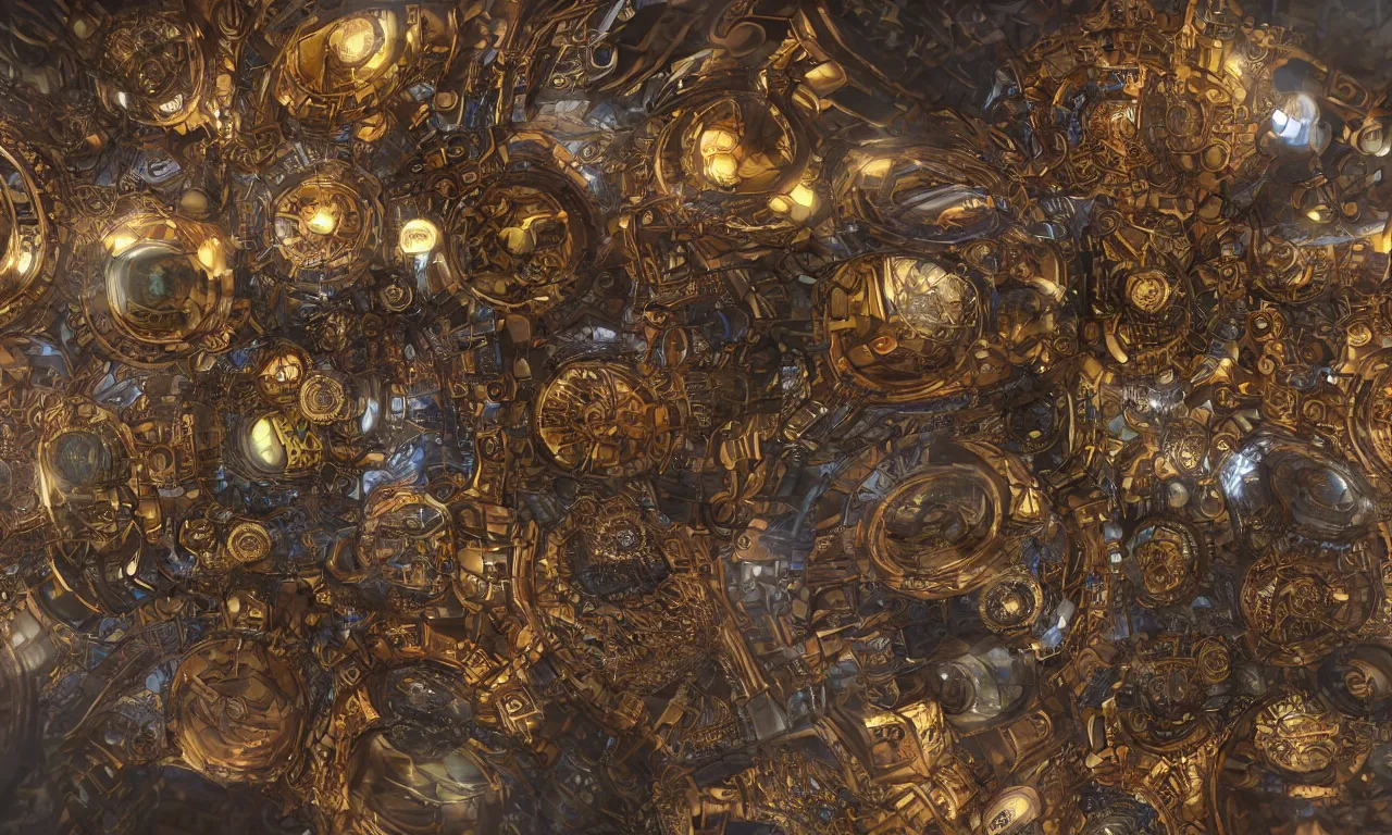 Image similar to steampunk engine laboratory 3 d volume kaleidoscope fractal voronoi metal chakra digital multicolor stylized concept substance natural color scheme, global illumination ray tracing hdr fanart arstation by sung choi and eric pfeiffer and gabriel garza and casper konefal
