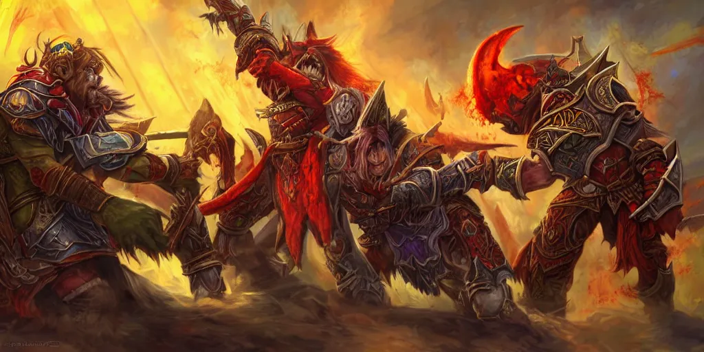 Image similar to a highly detailed digital painting of a blood elf battling an orc warlock, epic composition, world of warcraft