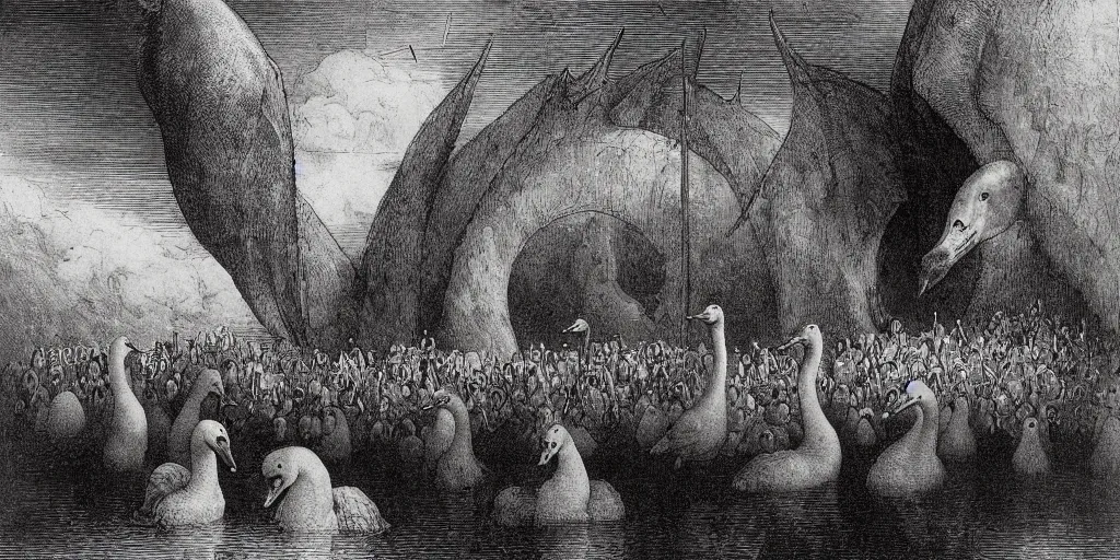 Image similar to gargantuan geese guarding the gates of hell, art by gustave dore, hieronimus bosch