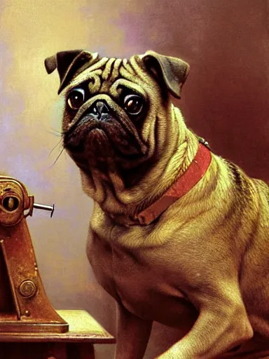 Image similar to a portrait of a man depicted as a brindle pug dogman canine, rupaul ’ s drag race, sitting in front of a sewing machine, explosions. highly detailed painting by gaston bussiere, craig mullins, j. c. leyendecker, furry