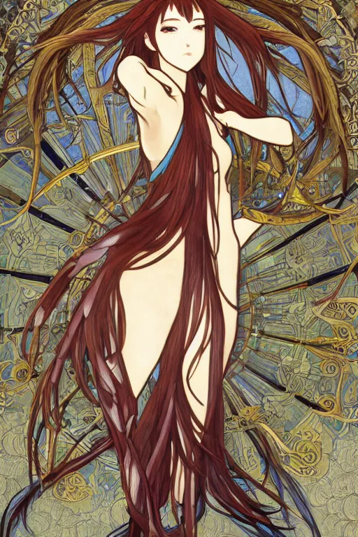 Image similar to Tonemapping Kurisu Makise in the style of Ayami Kojima and Alphonse Mucha