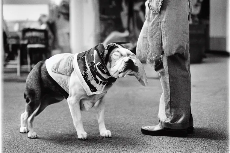 Prompt: Photograph of Brian From the cartoon Family Guy as areal dog. by Henri Cartier-Bresson,Tri-X ISO 400 film, 50mm F1. 2 Noctilux lens, shutter speed 1/125