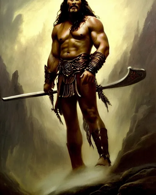 Prompt: beautiful portrait oil painting, jason momoa conan the barbarian standing in a dungeon wearing a crown and royal crimson spartan armor enthroned as the god emperor of ancient rome, action pose, frank frazetta, boris vallejo, greg rutkowski, beautiful cinematic light, american romanticism, by thomas lawrence, greg rutkowski