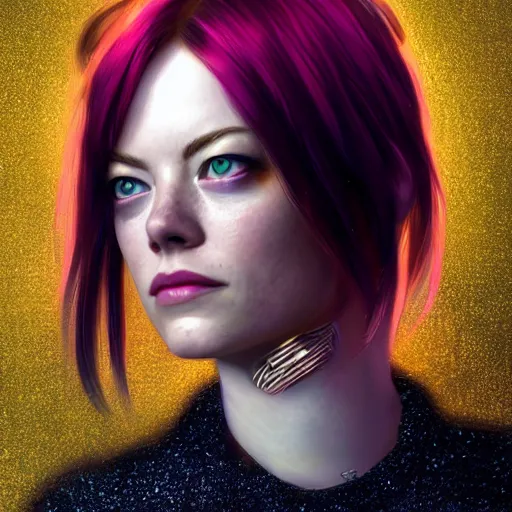 Image similar to cosmic cyberpunk portrait of emma stone, hyper detailed, digital art, trending in artstation, cinematic lighting, studio quality, smooth render, unreal engine 5 rendered, octane rendered, art style by klimt and nixeu and ian sprigger and wlop and krenz cushart.