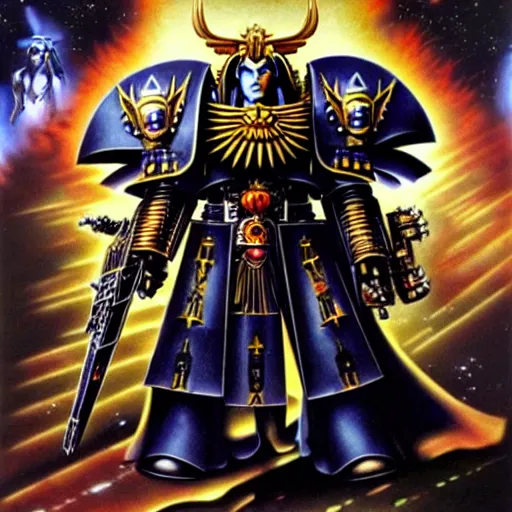 Prompt: The face of the Emperor of Mankind, Warhammer 40,000, futurism style,