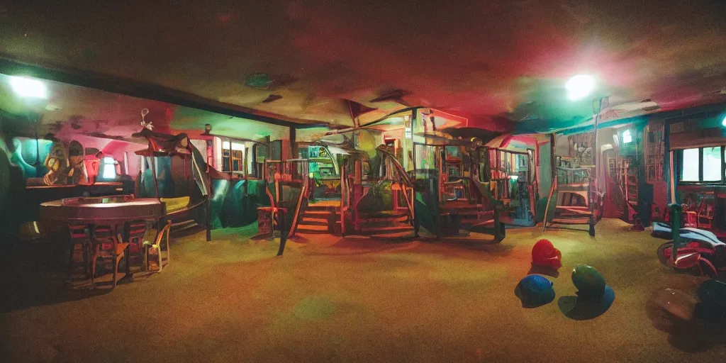 Image similar to a weird place, house, playground, office, pool, bar, pub, interior, room with eerie feeling, disposable colored camera, camera flash, unusual place, unsettling, kids place, night scene