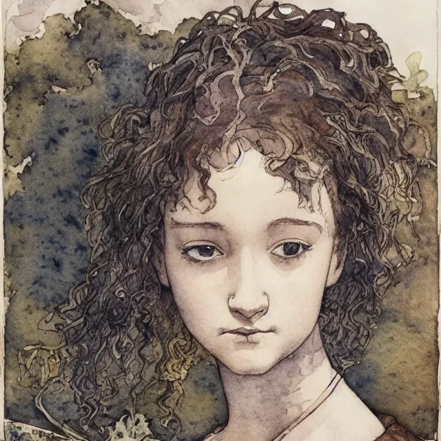 Prompt: a detailed, intricate watercolor and ink portrait illustration with fine lines of young 1 4 year old keisha castle hughes looking over her shoulder, by arthur rackham and edmund dulac and lisbeth zwerger