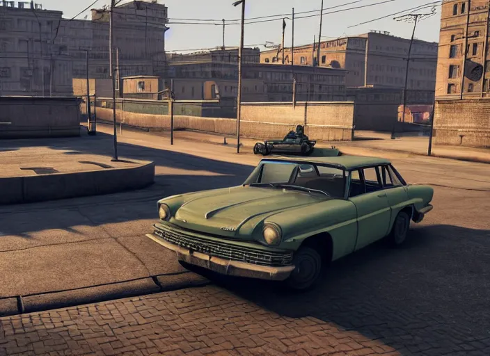 Image similar to hyperrealistic matte painting of gta game in soviet moscow, 1 9 6 0, playstation 5 screenshot, fine details, golden hour, beautiful rtx reflections, soviet suburbs, photorealistic, unreal engine 5, octane render, volumetric light, featured on cg society, 4 k, 5 0 mm bokeh, russian lada car, artstation
