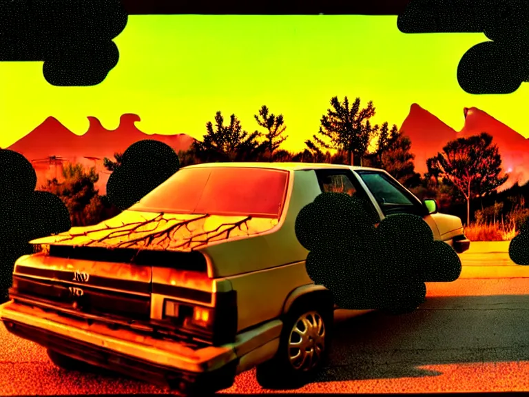 Prompt: low angle shot of tree growing inside scrap car in the foreground. overgrown. soft golden red sunset over the mountains in the background. clouds. detailed leaves, the style of 1 9 9 0's cg graphics against the cloudy night sky, lsd dream emulator psx, 3 d rendered y 2 k aesthetic by ichiro tanida, 3 do magazine, wide shot