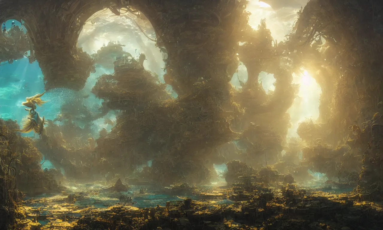 Image similar to a scenic landscaping view of the lost and abandoned city of Atlantic under water, ray of sunlight, mermaids in distance, Greg Rutkowski, Moebius, Mohrbacher, Mucha, blue and gold color scheme, ultra wide angle, ultra detailed, light effect