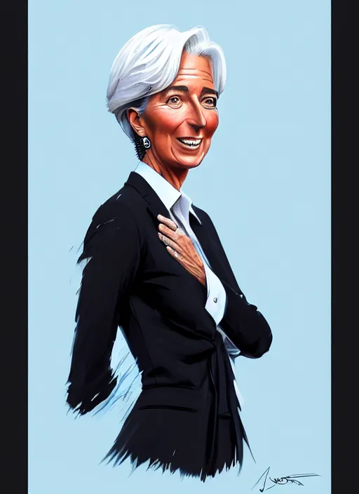 Image similar to a ultradetailed beautiful panting of christine lagarde wearing a stylish shirt with a tie, she has black hair, dancing, background explosion, by jesper ejsing, ilya kuvshinov, greg rutkowski on artstation