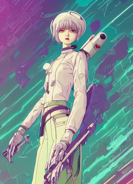 Image similar to a ultra beautiful detailed line art illustration of rei ayanami, centered, by dan mumford and moebius and beeple, trending on artstation, pastel color, dim dusk lighting, cinematic lighting, detailed lighting, volumetric lighting, realistic, f 8, 4 k hd wallpaper, poster, yellow and purple color scheme