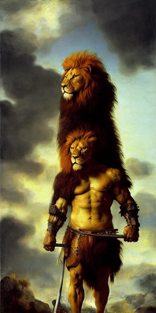 Prompt: muscular oversized lion as barbarian hunter with chest armor and shiny weapon , full human oversized mutant proportions hairy body , backlight body , extreme very textured detailed panoramic portrait oil painting by rembrandt, sunset, dramatic clouds and cyan atmosphere