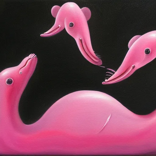 Image similar to a highly detailed oil painting of 3 pink dolphins, in a cheese world, 4 k, trending on art station, in the style of dali, boch, matisse caravaggio, comical