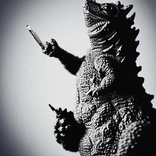 Image similar to godzilla smoking a joint, 5 5 mm