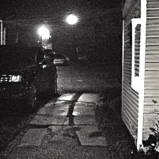 Image similar to terrifying creature on a suburban street at night, grainy color photograph 35mm