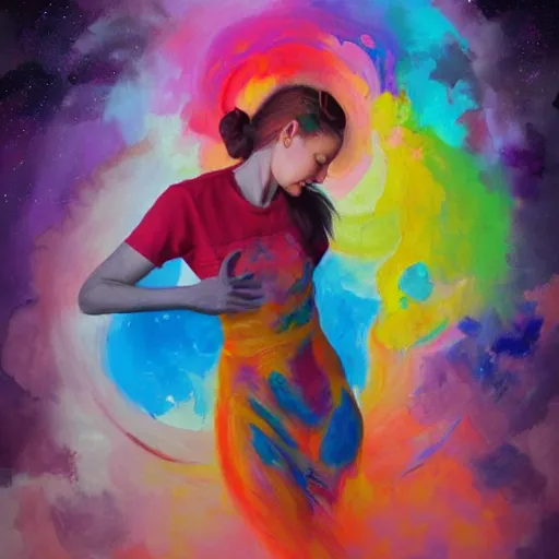 Prompt: A colorful painting of a joyful female artist playing with her creativity in the infinite loving universe by Brenda Zlamany and Craig Wylie, Trending on artstation, studio lighting