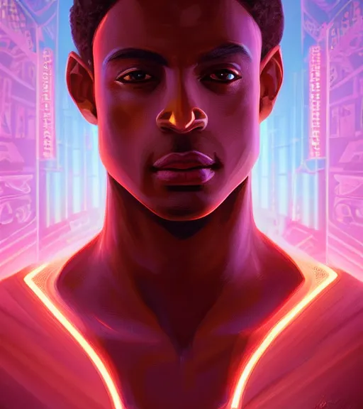 Image similar to symmetry!! egyptian prince of technology, solid cube of light, hard edges, product render retro - futuristic poster scifi, lasers and neon circuits, brown skin man egyptian prince, intricate, elegant, highly detailed, digital painting, artstation, concept art, smooth, sharp focus, illustration, dreamlike, art by artgerm