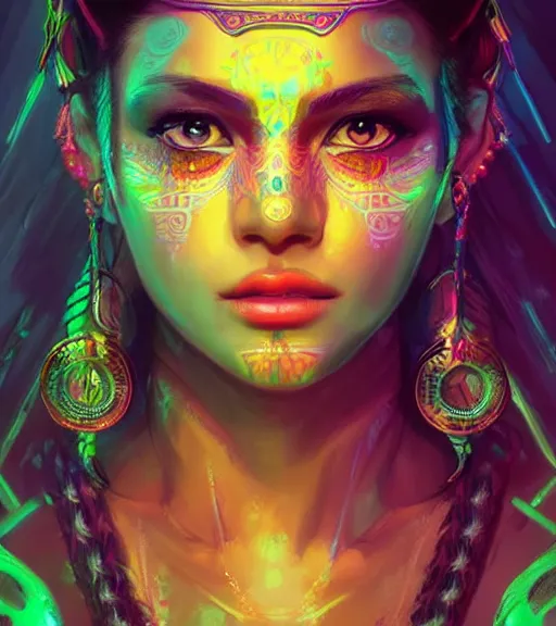 Image similar to beautiful intricate exquisite mayan princess realistic face, beautiful eyes, neon colors, drawing, in the style of greg rutkowski, fantasy, amazing detail, epic, intricate, elegant, smooth, sharp focus