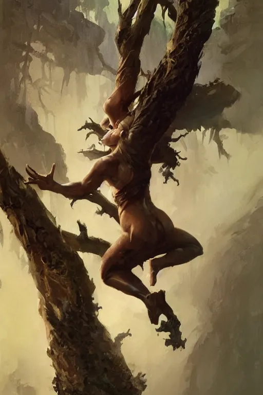 Prompt: Jane swinging from a tree , by Frank Frazetta, Greg Rutkowski, Boris Vallejo, epic fantasy character art, Exquisite detail, post-processing, low angle, masterpiece, cinematic