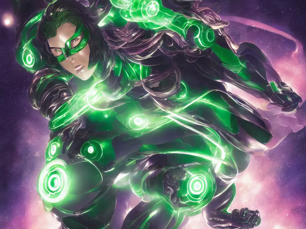 Prompt: anime key visual of one beautiful female green lantern, dc comics, power, hope, glowing, intricate, in space, stunning, highly detailed, digital painting, artstation, smooth, hard focus, illustration, art by artgerm and greg rutkowski and alphonse mucha